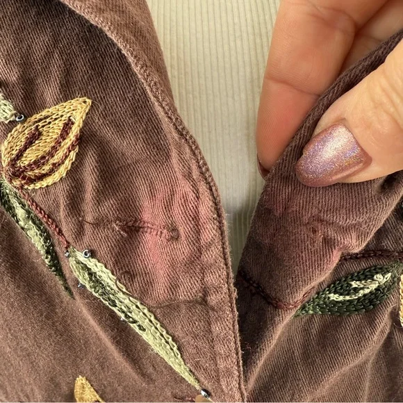 Passports Brown Beaded Jacket Size XL Floral Embroidery V-Neck Boho Artsy Casual - Picture 4 of 12